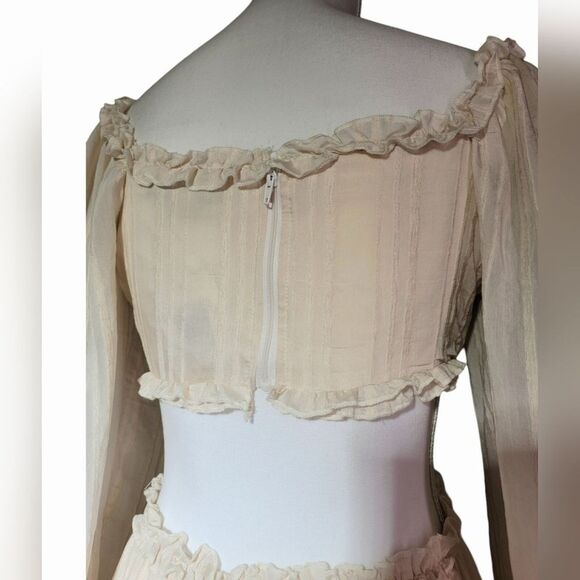 HYFVE Cottagecore Boho Peasant Dress Medium Beige Ruffle Long Sleeve Mini Dress - Picture 7 of 10